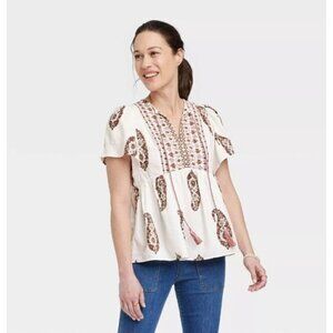 Knox Rose Women's Medium Flutter Short Sleeve Top White Paisley Boho Lightweight